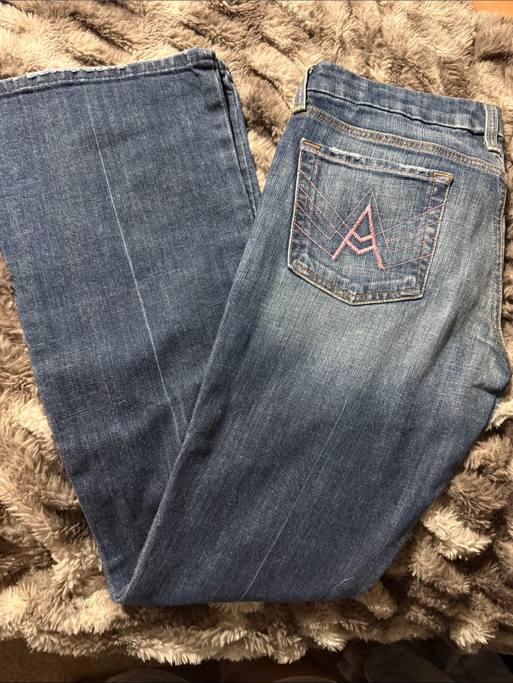 7 for all man kind Women's Blue Denim Bootcut Jeans with Pink Pocket “A” Stitch